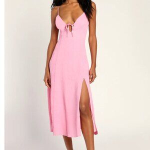 LULUS NWT Sweetheart Material Pink Plisse Sleeveless Tie-Front Midi Dress Size M